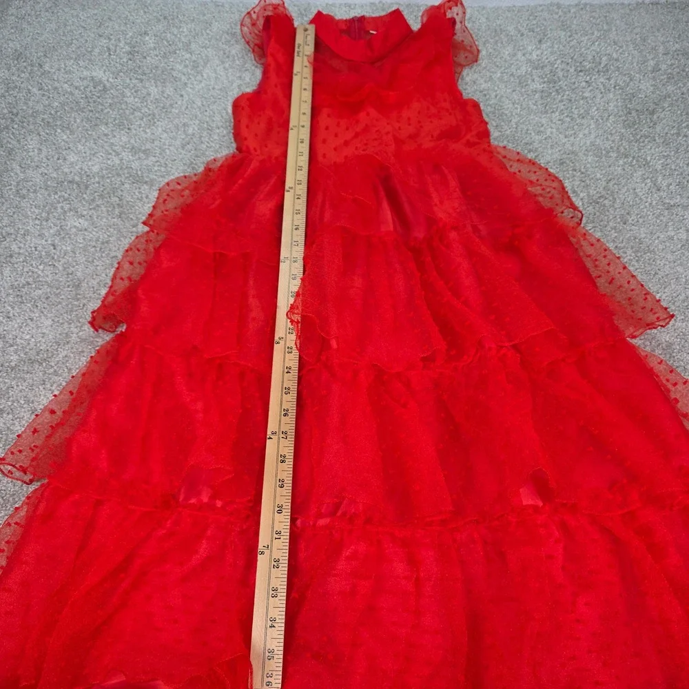 Girls Red Swiss Dot Tiered Ruffle Gown Flutter Maxi Dress Size 160 Halloween